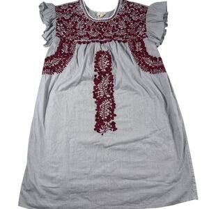 Layerz Clothing Embroidered Floral Dress Gray Burgundy Stripe Cotton Size M